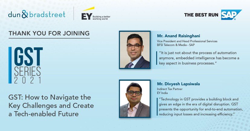 nainaacharya's tweet photo. Dun &amp; Bradstreet, in association with @SAP India and EY, hosted a virtual discussion on GST: How to navigate the key challenges and create a tech-enabled future. 

Discover more at https://t.co/vbGcsz02qa https://t.co/NYO3wtOiJG
