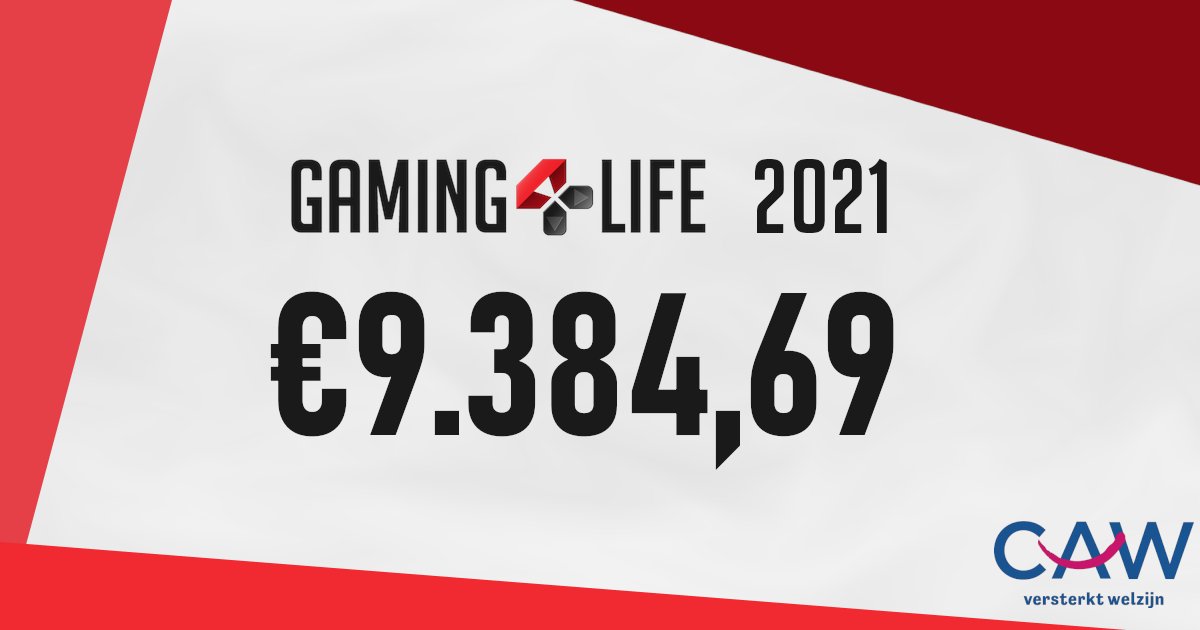 🎄 GAMING 4 LIFE 2021 || EINDTOTAAL 🎄

Ook dit jaar zorgden jullie weer voor een monsterbedrag 🔥

Op 2 weken tijd werd er zomaar even €9.384,69 opgehaald ten voordele van <a href="/CAWGroep/">CAW</a>!

Bedankt voor jullie inzet, alle support en om mentale gezondheid weer volop te steunen 💪