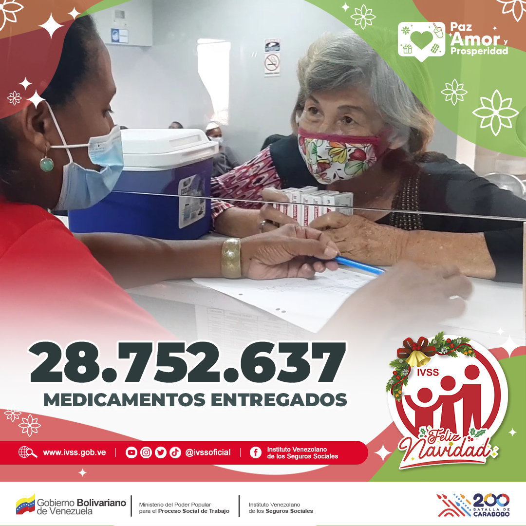 ivssoficial's tweet photo. Cumpliendo con las líneas estratégicas emanadas por el Jefe de Estado @NicolasMaduro y ejecutadas por la presidenta del #IVSS @MagaGutierrezV en este año 2021 se entregaron 28.752.637 medicamentos al pueblo de Venezuela. #SomosGarantíaDeSeguridadSocial https://t.co/dO73jctwiQ