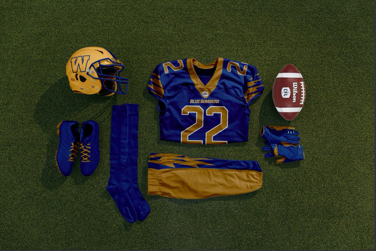 NelsonHackewich's tweet photo. #CFLCity Day 5: The Gold Standard - Chrome gold helmet, 1960's lightning bolt fashioned into 1958's one tone shoulder stripe, with the gold numbers of the 2000's #ForTheW #Bombers #CFL https://t.co/JzLcl4EC2z