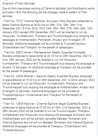 GMSRailway's tweet photo. Changes in the pattern  of Train services to facilitate engineering works at Ariyalur yard

#SouthernRailway   #SRUpdates https://t.co/uEKTu66YgY