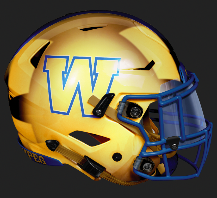 NelsonHackewich's tweet photo. #CFLCity Day 5: The Gold Standard - Chrome gold helmet, 1960's lightning bolt fashioned into 1958's one tone shoulder stripe, with the gold numbers of the 2000's #ForTheW #Bombers #CFL https://t.co/JzLcl4EC2z