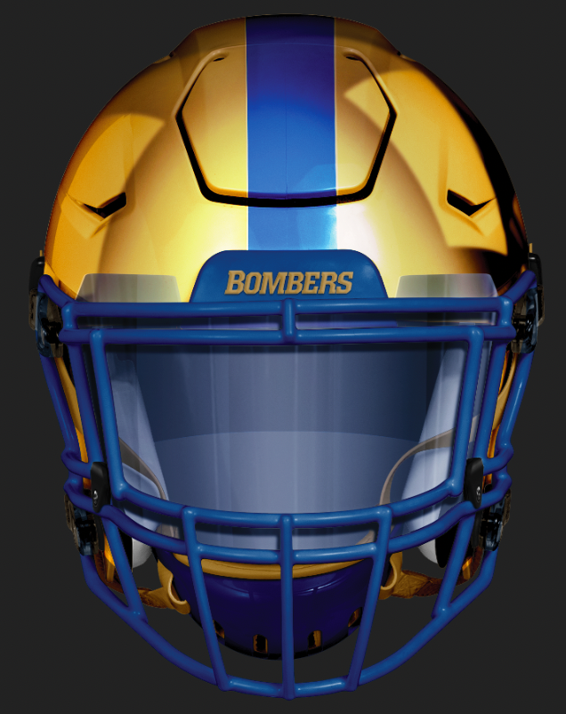 NelsonHackewich's tweet photo. #CFLCity Day 5: The Gold Standard - Chrome gold helmet, 1960's lightning bolt fashioned into 1958's one tone shoulder stripe, with the gold numbers of the 2000's #ForTheW #Bombers #CFL https://t.co/JzLcl4EC2z