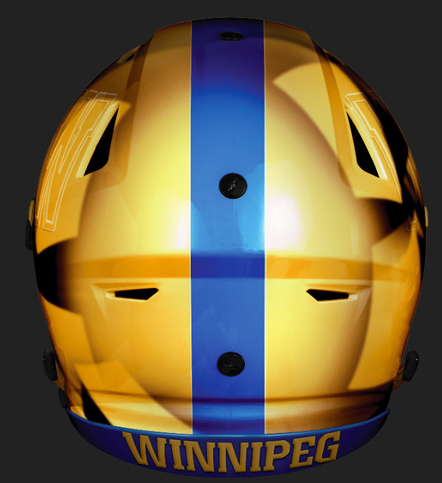 NelsonHackewich's tweet photo. #CFLCity Day 5: The Gold Standard - Chrome gold helmet, 1960's lightning bolt fashioned into 1958's one tone shoulder stripe, with the gold numbers of the 2000's #ForTheW #Bombers #CFL https://t.co/JzLcl4EC2z