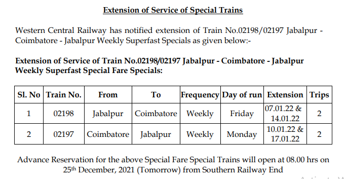GMSRailway's tweet photo. Extension of service of Jabalpur-Coimbatore-Jabalpur weekly special trains

#SouthernRailway #SRUpdates https://t.co/6GNXEwR74L