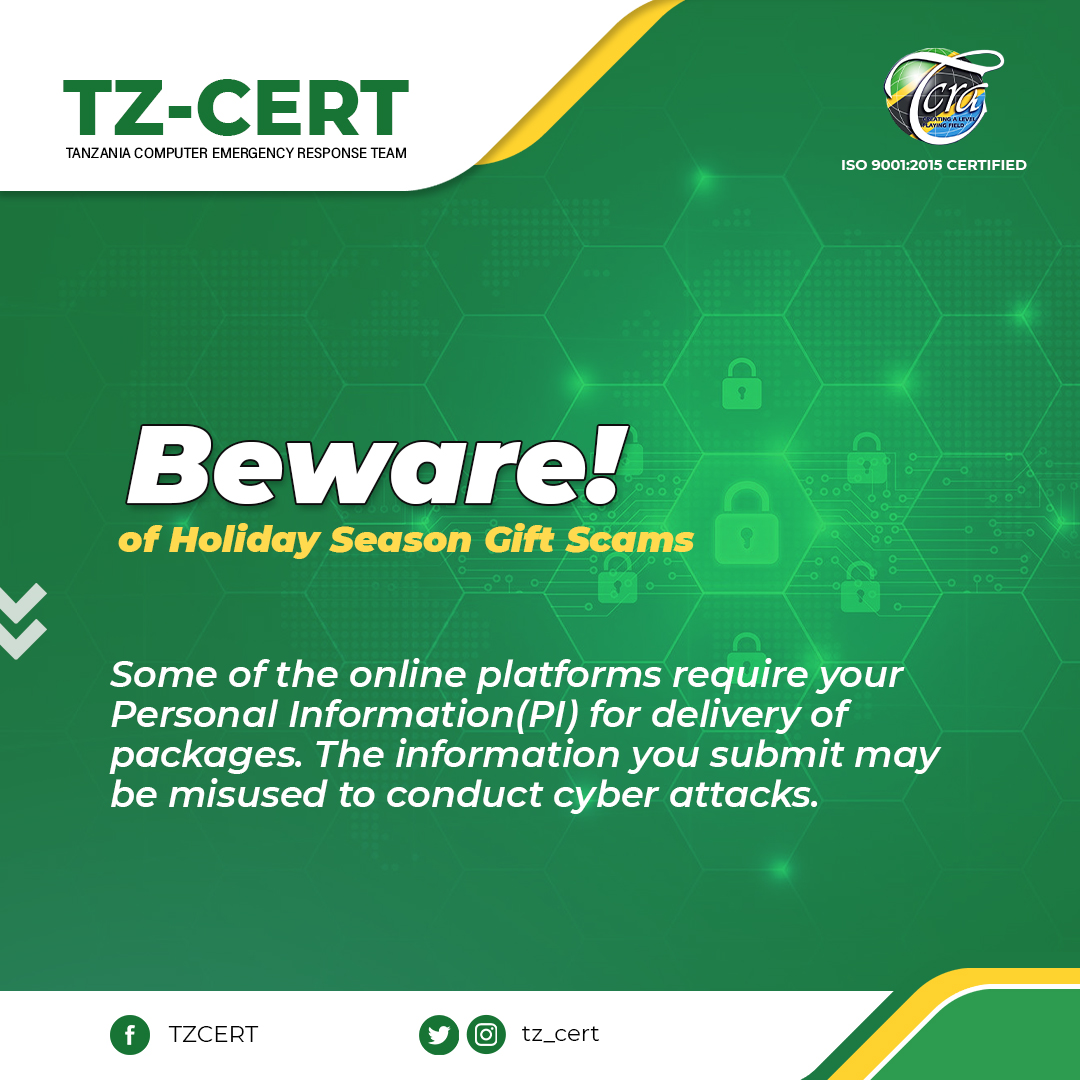 tz_cert's tweet photo. @TCRA_Tz 

#onlinetips #tzcert #phishing #SocialEngineering #beware #merrychristmas #happynewyear https://t.co/zGPhLJmoqa