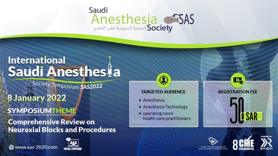 sas___ksa's tweet photo. #sas_ksa
The dates are set! More exciting developments on the International Saudi Anesthesia Society #Virtual_Conference #SAS2021 are coming soon. Be the first to hear and sign up for updates.........
“ Comprehensive Review on
Neuraxial Blocks and Procedures” https://t.co/umQE2qjIs4