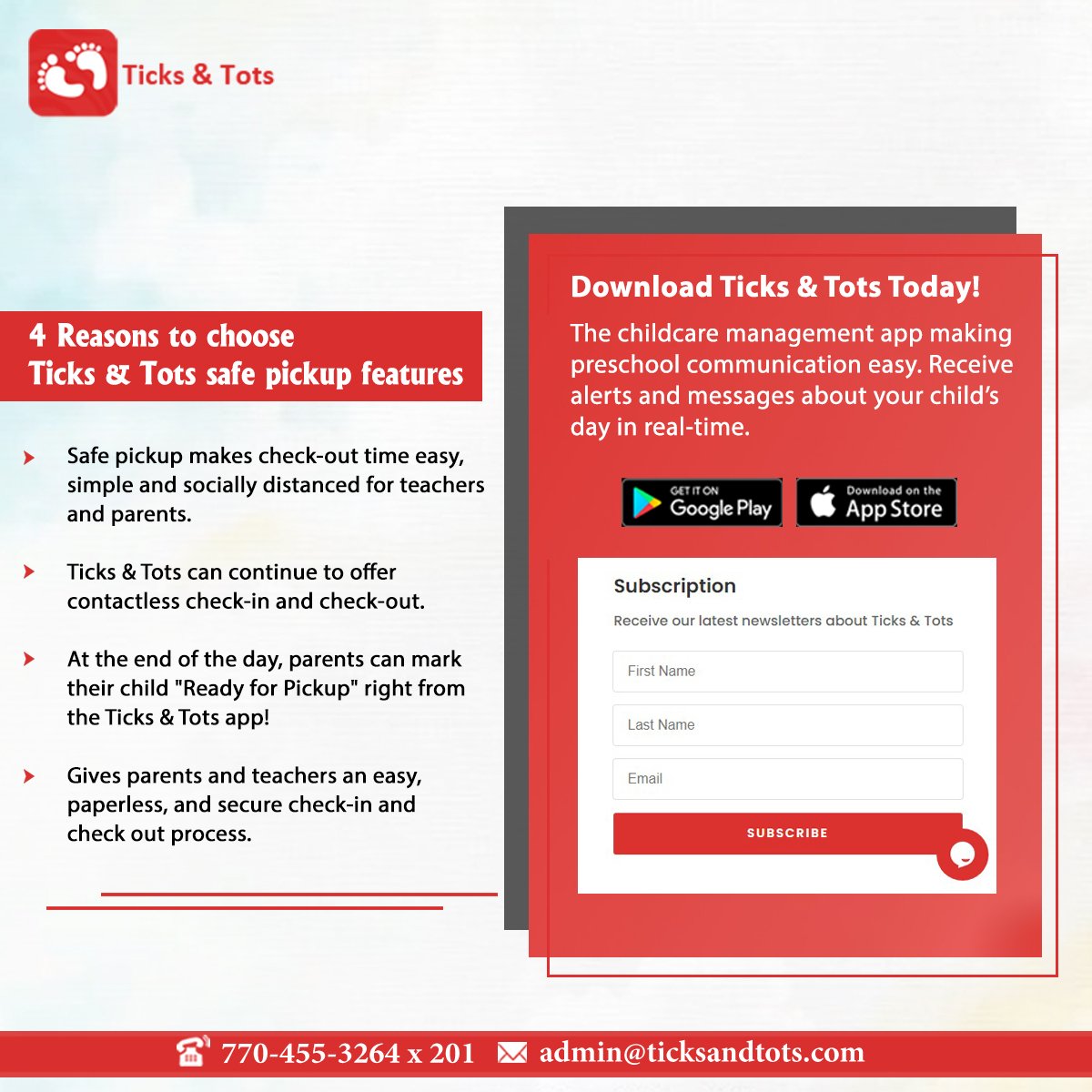Ticks and Tots now offer contactless check-in/out features which make socially distanced for #parents and teachers. 

For more information Contact:  (770)-455-3264

Register at:
ticksandtots.com/register/
.
#TicksandTots #Software #ParentTeacherSoftware #App #DayCare #PreSchool