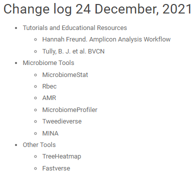 gutmicrobe's tweet photo. Final update of 2021 for the "Tools for #Microbiome Analysis" website.
Rpkgs for microbiome = 101
Several resources & tutorials.
Voluntary short (few secs) survey: https://t.co/ZCQW1eRYuQ
Happy holidays to all and stay safe!
#MicrobiomeDataScience https://t.co/PJSvahzmqe