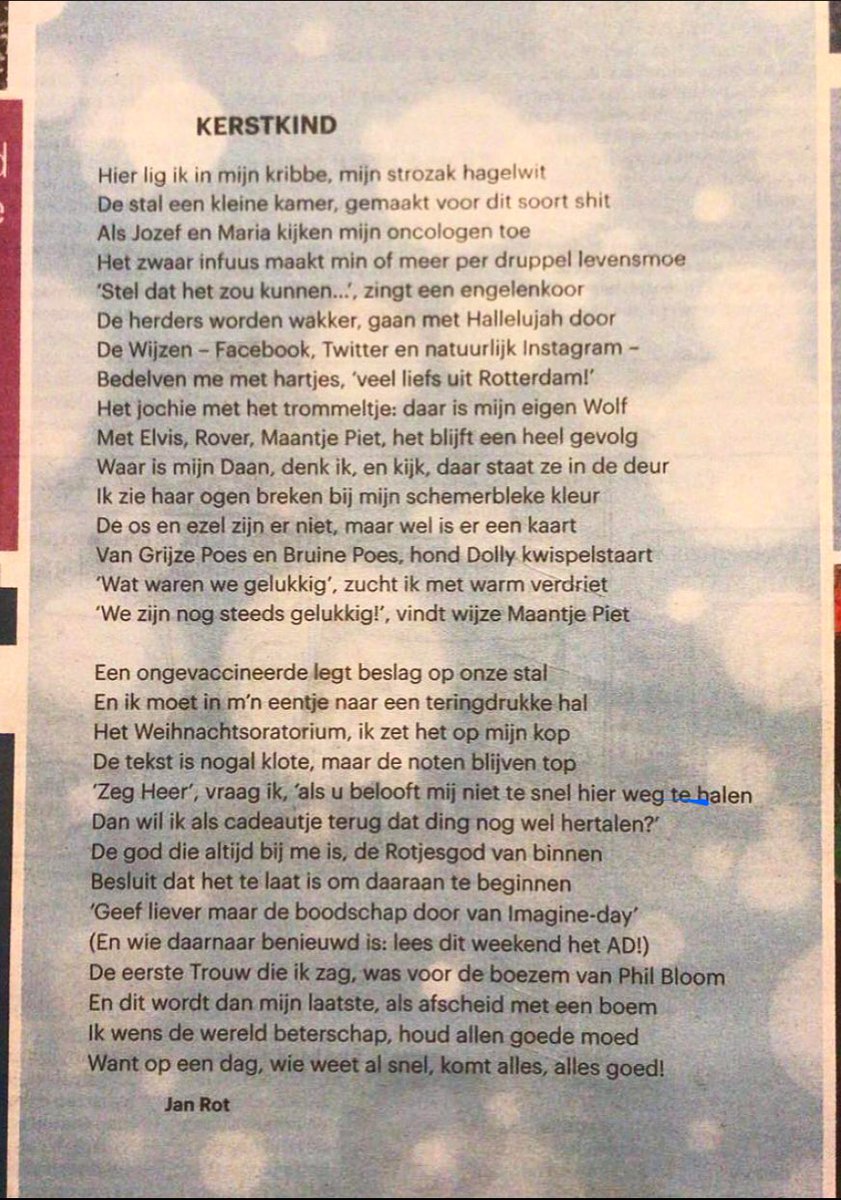 wimboevink's tweet photo. Met de dood in de ogen. 
Kerstgedicht van Jan Rot op de voorpagina van Trouw. https://t.co/oadZBlexe7