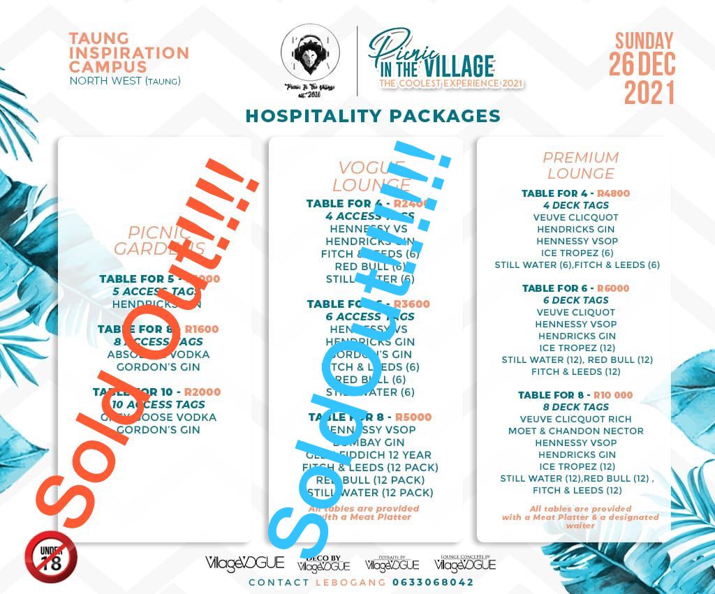 PITV_SA's tweet photo. Vogue Lounge and Picnic Gardens table packages sold out!! Make sure you make your reservations on time. Single tickets at the gate R150. No table bookings will be done at the gate!! https://t.co/AKOQY7s5mQ