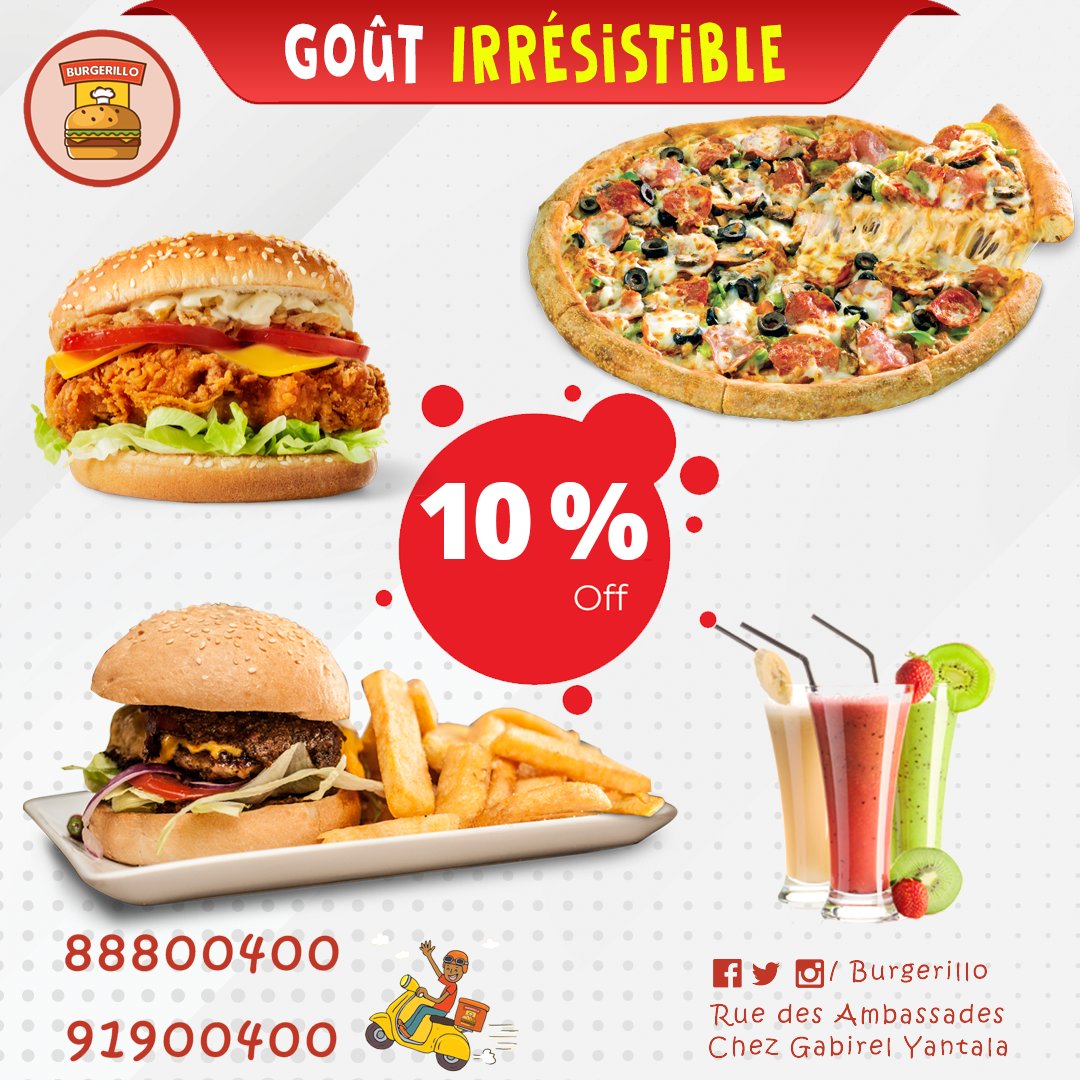 Burgerillo's tweet photo. Nos #offres continuent.. Nous sommes ravis de vous accueillir et avons toujours plaisir à vous servir chez #Burgerillo #pizza #burger #crispy #friets #jus #niamey #niger https://t.co/lVGs12reZ3