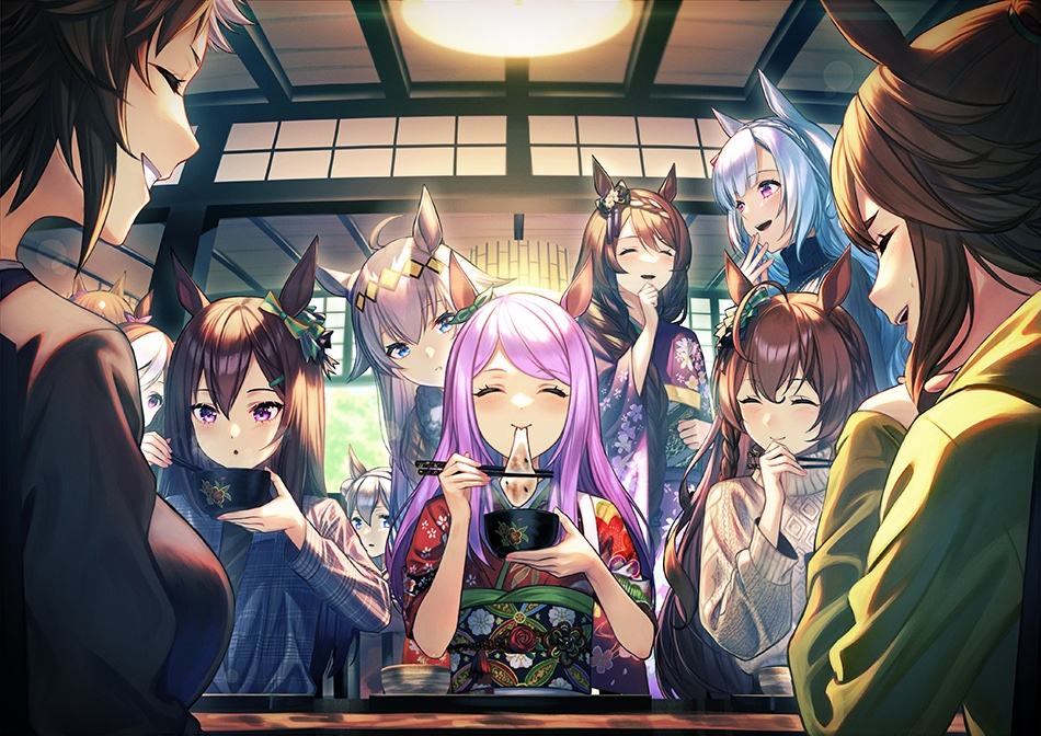 mejiro dober (umamusume) ,mejiro mcqueen (umamusume) ,oguri cap (umamusume) multiple girls 6+girls animal ears horse ears brown hair closed eyes long hair  illustration images