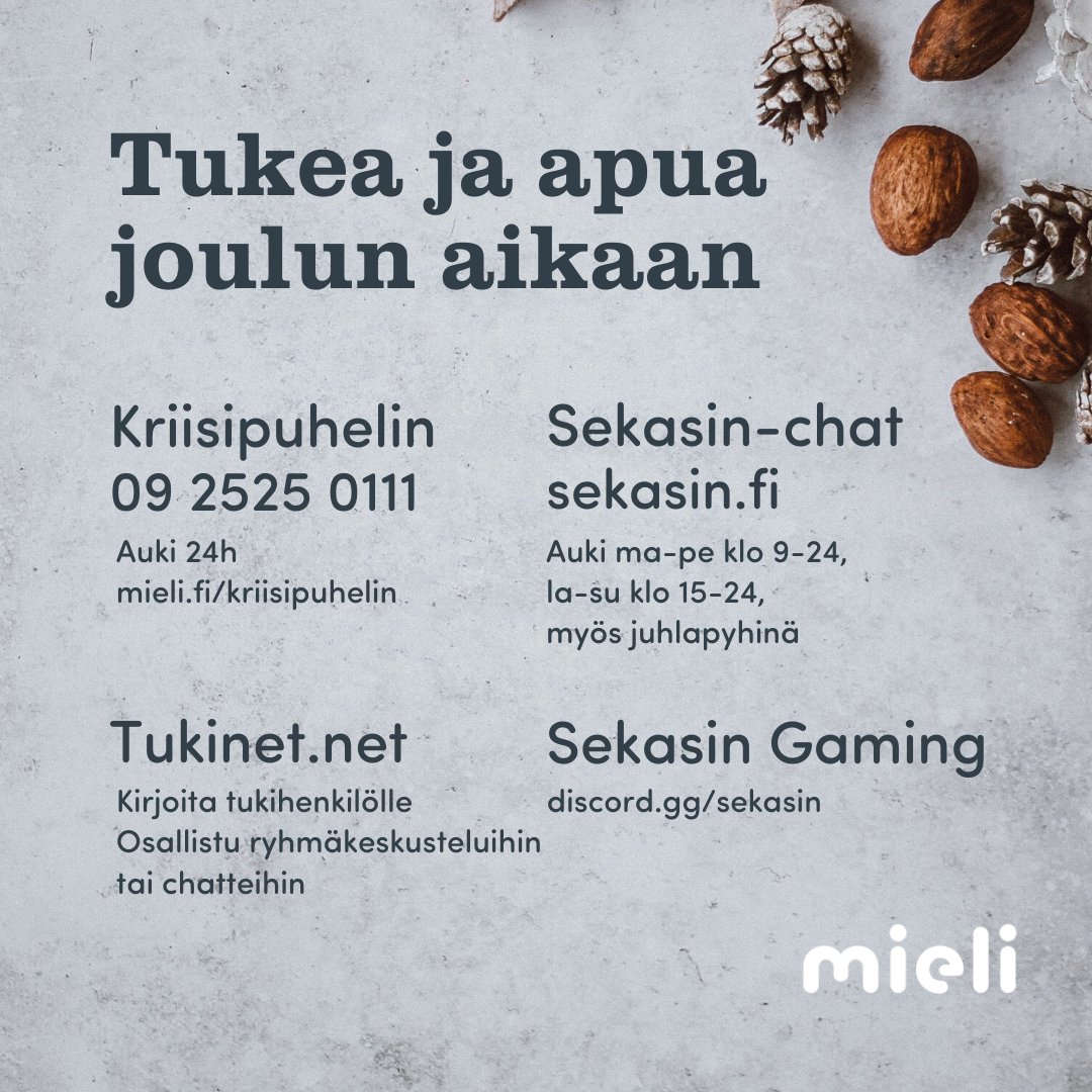 mielenterveys's tweet photo. Jos tarvitset keskusteluapua⁠ 
📞Kriisipuhelin 09 2525 0111 (24h). ⁠https://t.co/KknueixQgF
💻Nuorille @ChatSekasin ma-pe klo 9-24, la-su klo 15-24 👉 https://t.co/mzmTn5NtRM⁠
💻Sekasin Gaming 👉 https://t.co/KCFrVXLEkd⁠
💻⁠ @TukinetNet 👉https://t.co/9vDvfGDNla
#joulu ⁠ https://t.co/D4L8fkiUG5