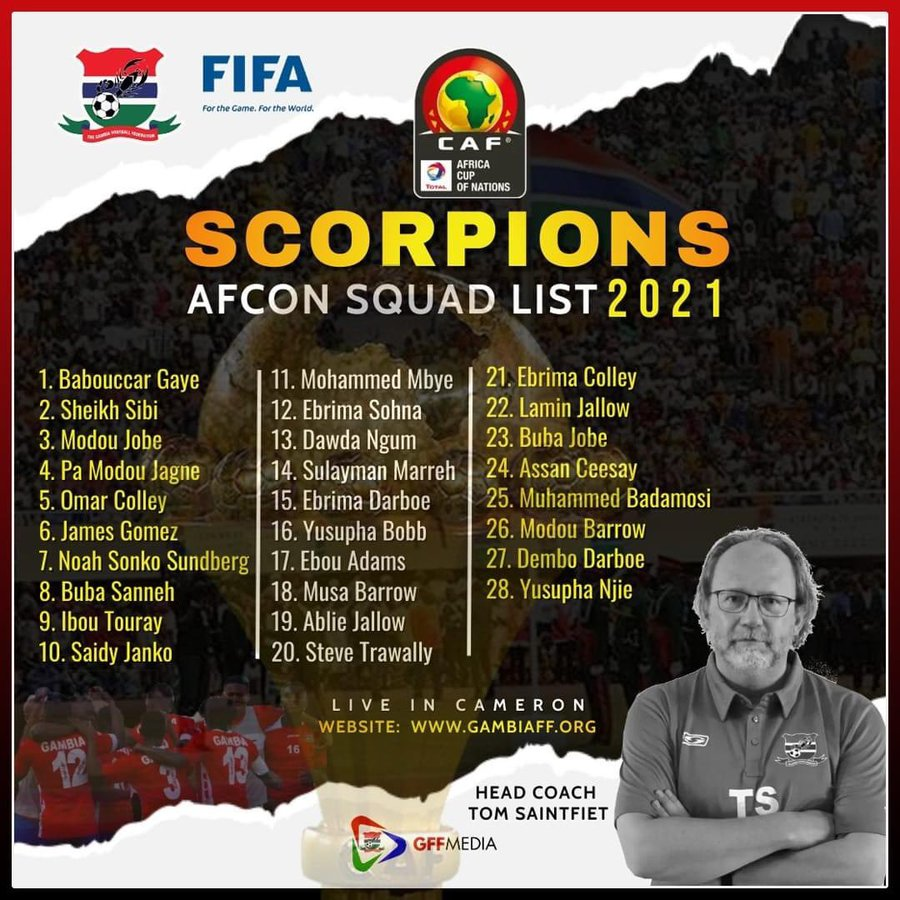 ColleySaihou's tweet photo. Saintfiet announced his final 28-man squad for the AFCON.
The scorpions will now leave for Qatar for a pre-tournament camp that begins next week.
#Gambia https://t.co/reBCfjpXhD