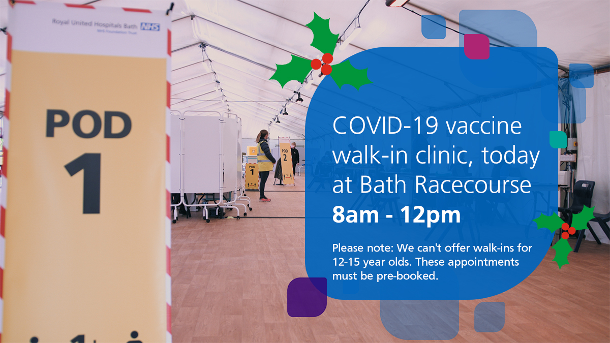 Walk-in appointments are available today for COVID-19 vaccines at Bath Racecourse from 8am - 12pm. 🎄

You may be asked to queue if you arrive as a walk-in, as booked appointments take priority.

▶️ Appointments can also be booked: nhs.uk/CovidVaccinati…

#GetBoosted