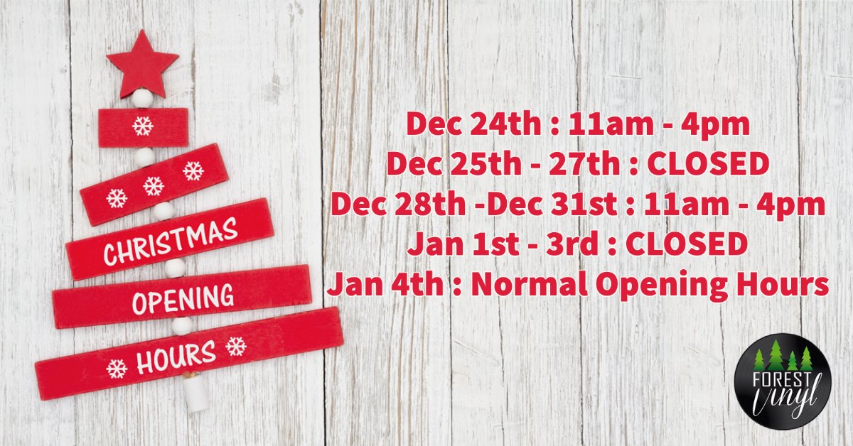 ForestVinyl's tweet photo. We are OPEN today from 11am until 4pm and then we bid you a Xmas farewell until December 28th - we'll reopen then until New Years Eve, usual hours 11am - 4pm.
Then we close again until January 4th. https://t.co/RxzaeKaCK5