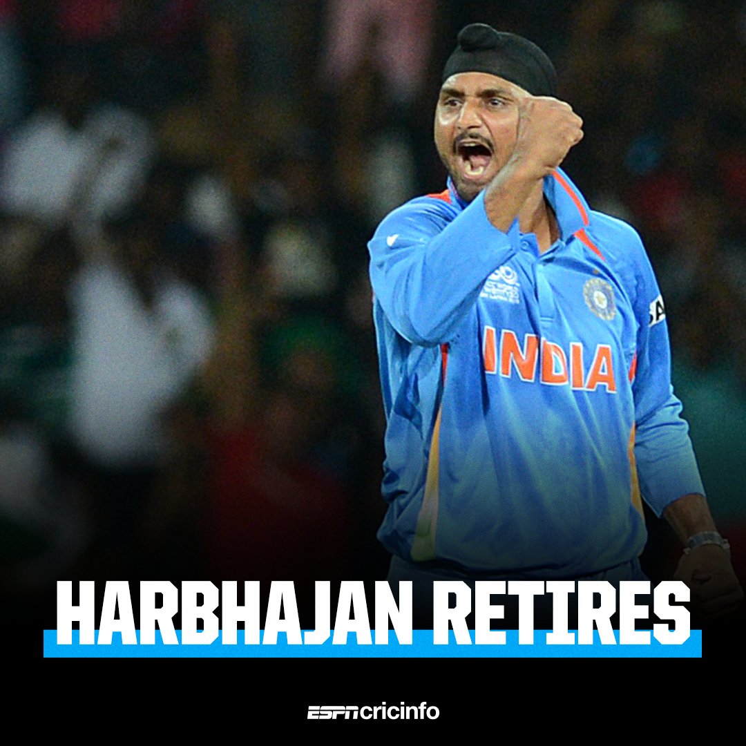 cricinfo's tweet photo. 'All good things come to an end' - India legend Harbhajan Singh announces his retirement from the game https://t.co/li9m8gjDy4