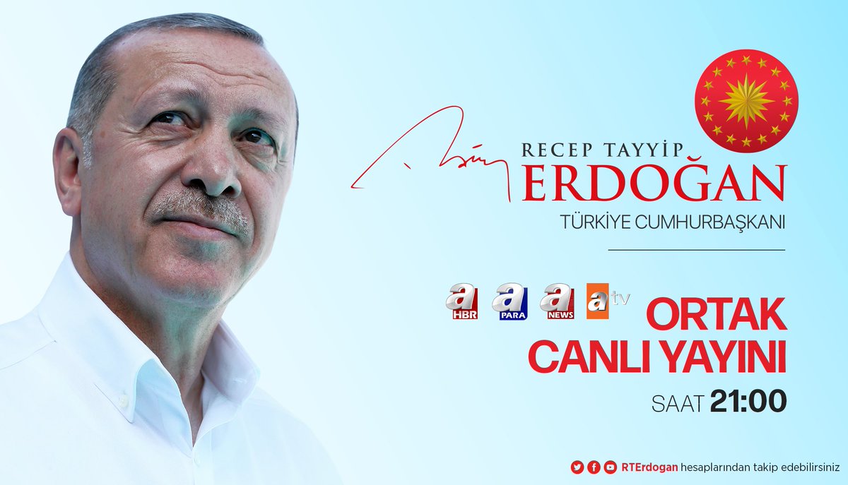 RTEdijital's tweet photo. Cumhurbaşkanımız @RTErdogan bu akşam 21:00'de ATV - A Haber - A Para - A News ortak yayınında gündeme ilişkin değerlendirmelerde bulunacak. 

Canlı yayını Cumhurbaşkanımızın sosyal medya hesaplarından takip edebilirsiniz. https://t.co/8FEIfX4Fc4