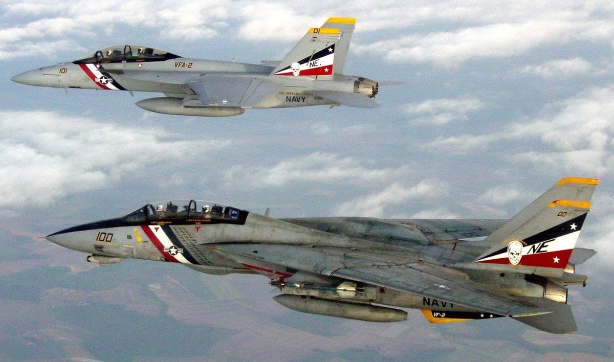 F-14A Tomcats & F-18
VFA2 also known as 'Bounty Hunters' USN Navy F/A-18F Super Hornet squadron based at NAS  Lemoore. tail code NE and callsign 'Bullet'. attached to Carrier Air Wing 2 (CVW-2), a composite unit made up of a wide array of aircraft aboard the Carl Vinson.
