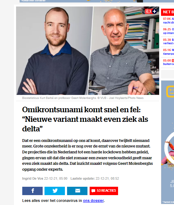 fmeeus1's tweet photo. Virus experten X-ologen en biostatiscus : ze hebben weer gelogen en ons bedrogen met hun gemanipuleerde theoretische angst modellen. Omicron geeft tot 50% minder hospitalisaties , zeggen studies uit Z-Afrika, UK en Denemarken. https://t.co/LrK0FyiaI2