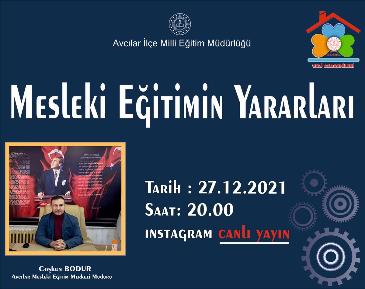 Veli  Akademileri projesi kapsamında "Mesleki Eğitimin Yararları" ile ilgili 27 Aralık Pazartesi saat 20.00'da Avcılar Mesleki Eğitim Merkezi Müdürü tarafından seminer verilecektir.Mesleki Eğitimin Önemi ve Gençlere Sağladığı Yararlar üzerine değinilecektir.<a href="/tcmeb/">Millî Eğitim Bakanlığı</a> <a href="/istanbulilmem/">İstanbul İl Millî Eğitim Müdürlüğü</a>