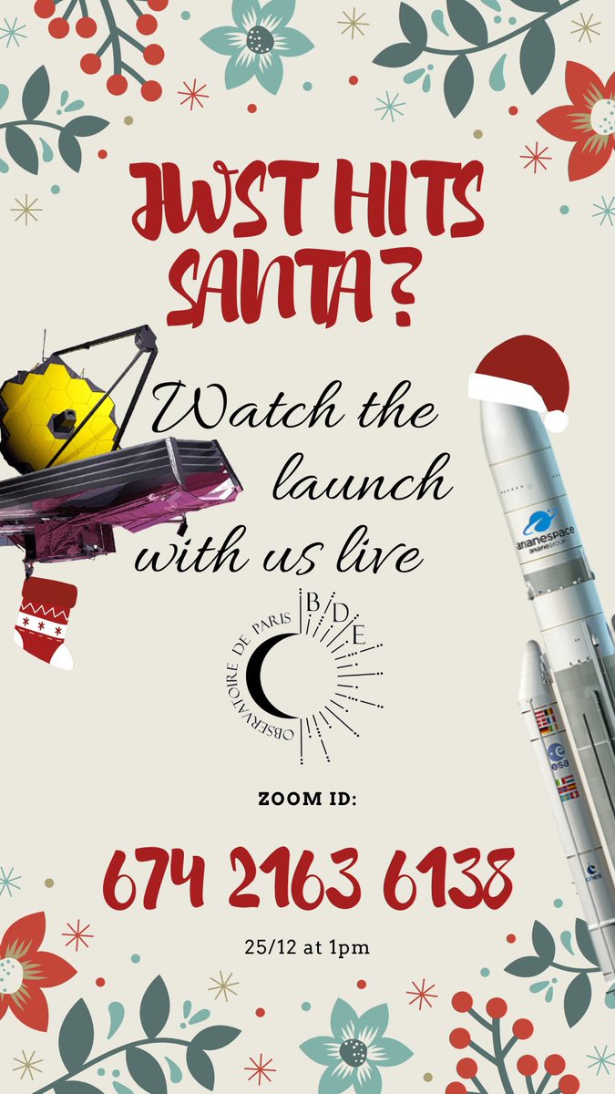 Vous voulez prendre une pause pendant votre ouverture de cadeaux et stresser un peu avec nous? 

Rejoignez-nous sur zoom pour regarder le décollage du JWST demain à 13h. 🚀
#JWSTLaunch
