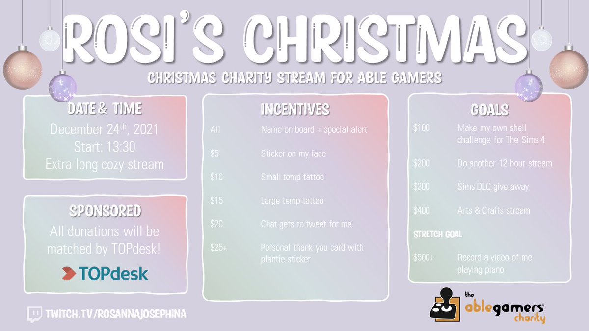 RosannaTxt's tweet photo. MERRY CRHISTMAS!🎄✨
Today is the day! My very first charity stream! We will be fundraising for @AbleGamers #spawn2gether
I'll be live in 3 hours 💜 I'm going to kick off the streams with some chats and then continue playing the Not So Berry Challenge in The Sims 4! https://t.co/BgSEUC4Oec