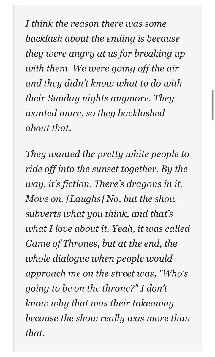 FilmUpdates's tweet photo. Peter Dinklage addresses the backlash to the #GameOfThrones finale: “They wanted the pretty white people to ride off into the sunset together. By the way, it’s fiction. Move on. No, but the show subverts what you think, and that’s what I love about it.“

(https://t.co/fGbloKCKpY) https://t.co/4l2UZESVgB
