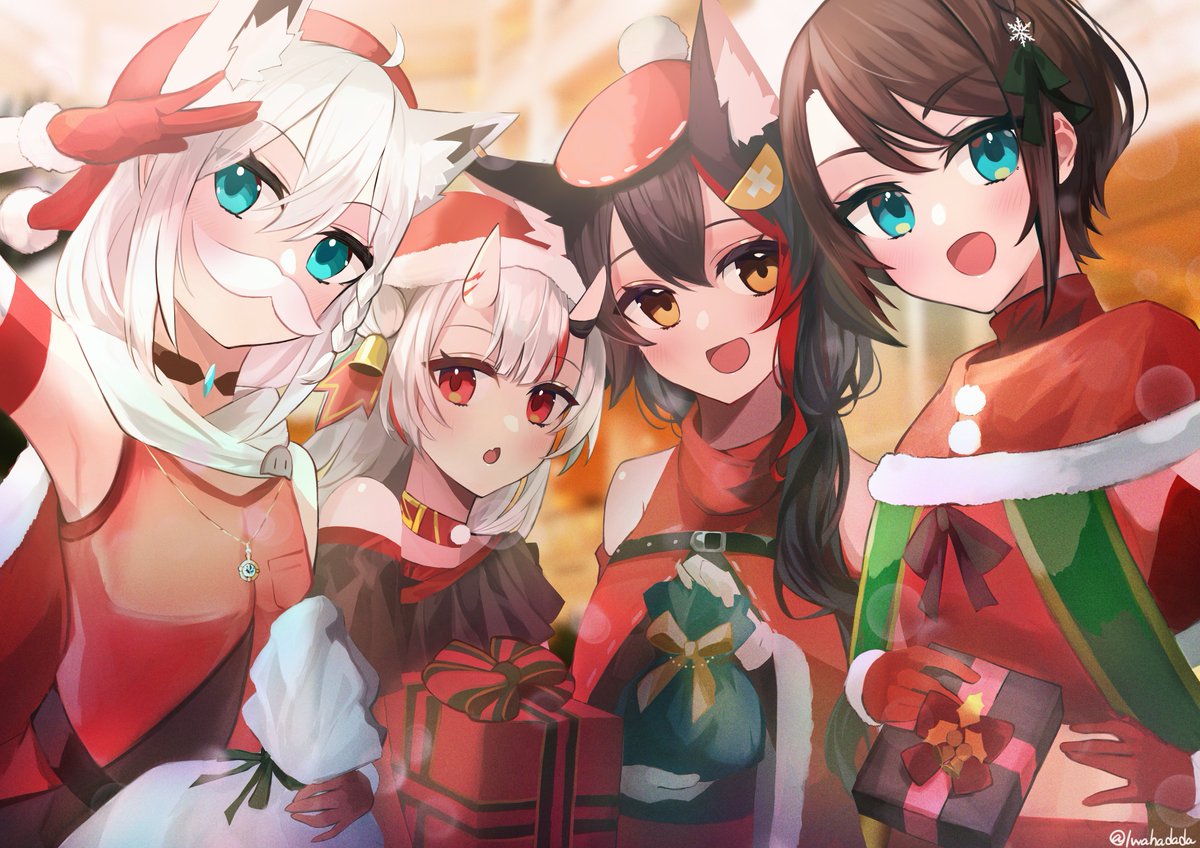 nakiri ayame ,ookami mio ,oozora subaru ,shirakami fubuki multiple girls animal ears wolf ears horns fox ears white hair red hair  illustration images