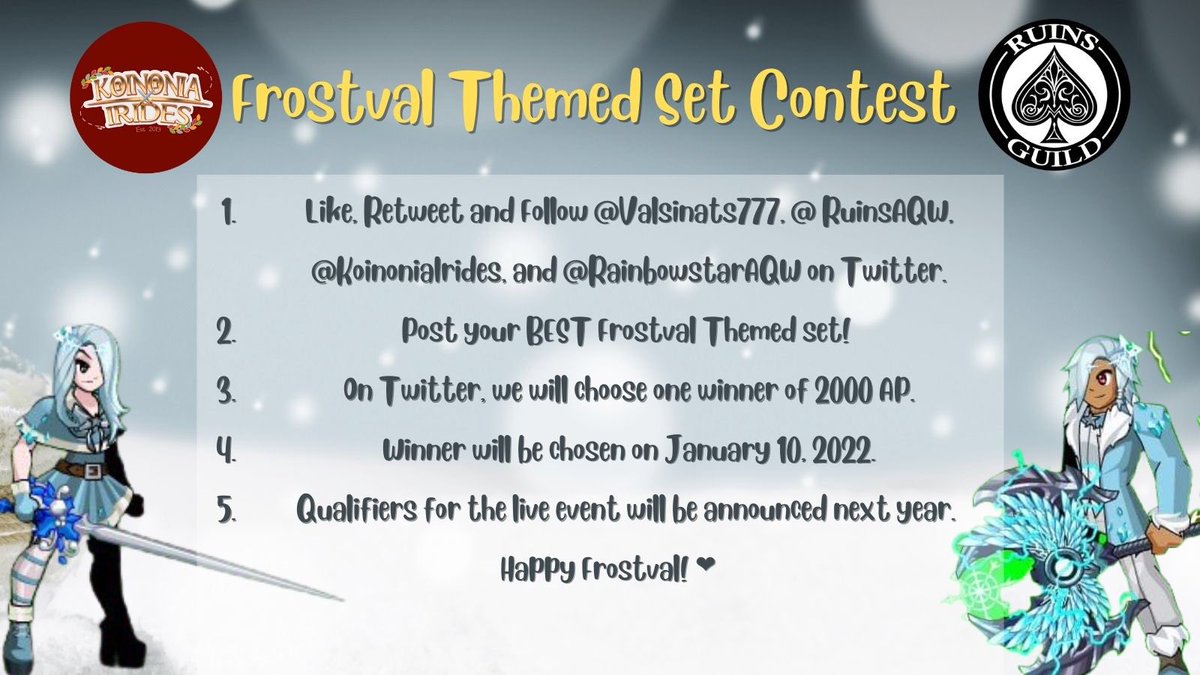 To celebrate the season of giving,we are collaborating with <a href="/RuinsAQW/">Ruins</a> for this Frostval Themed Set Contest🎄🥰 Like, RT, and follow @Valsinats777 , <a href="/KoinoniaIrides/">Koinonia Irides AQW</a>, <a href="/RuinsAQW/">Ruins</a> and <a href="/RainbowstarAQW/">♥♫Your Pinkness♫♥</a>. Post your BEST frostval set and share what you’re most grateful for this year🤩