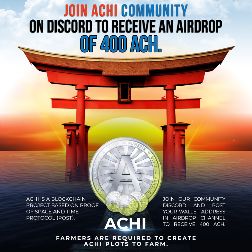 Achi_Coin's tweet photo. Join Achi Discord Community https://t.co/3mJUXwAaRf post your Achi wallet at #Airdrop channel and get 400 ACH https://t.co/262xGejkk5