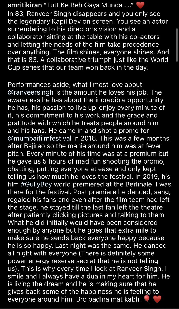 versatilefan's tweet photo. Malayalm actress parvathy Reposted
Smriti Kiran's post about Ranveer #Thisis83
Parvathy : The caption every word of it https://t.co/jckmiwnlDH