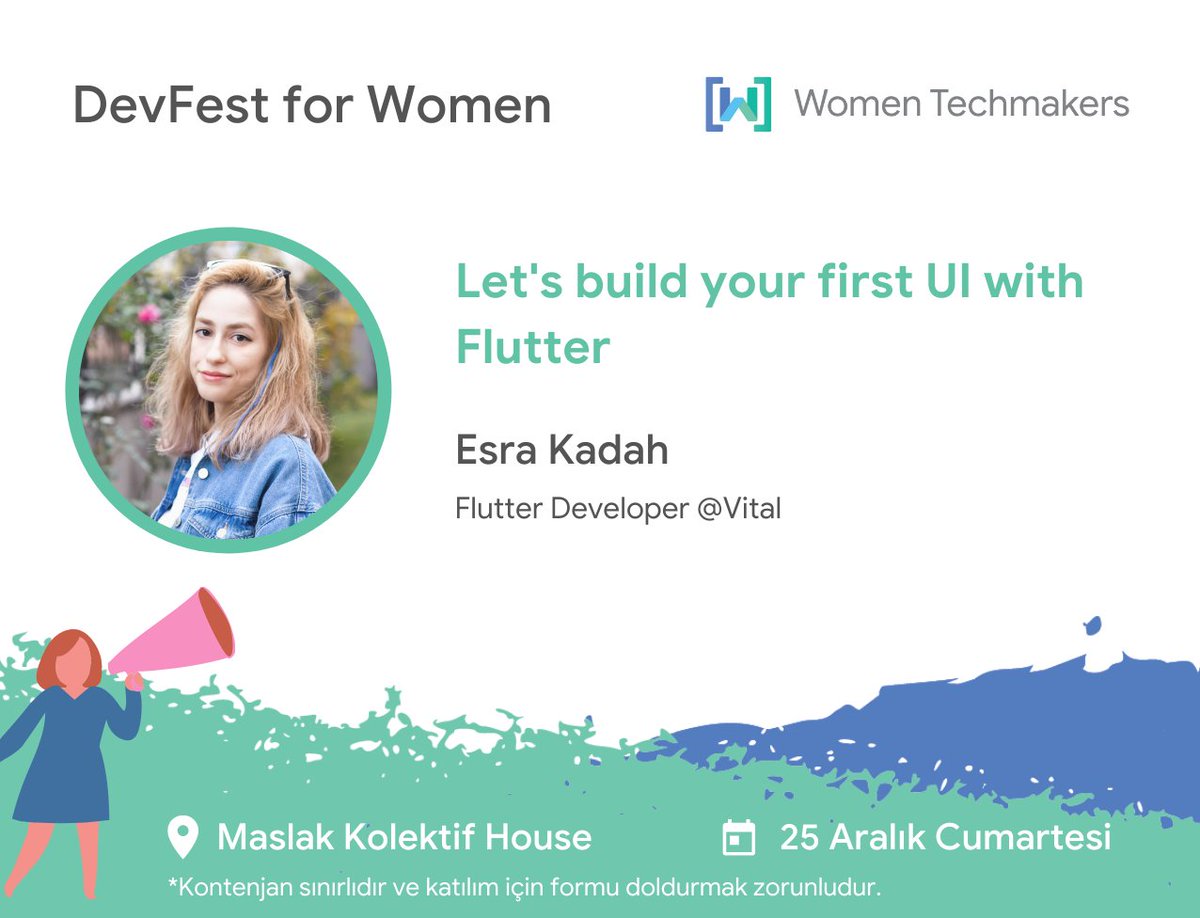 WtmTurkey's tweet photo. DevFest Women’da Flutter’landınız!🐦 

Vital Health’ de Flutter Developer olarak çalışan Esra Kadah, Flutter oturumunda bizlerle olacak! 🚀
 
Profildeki linke tıkla, başvurunu yap ve sen de etkinlikteki yerini al!🪄 https://t.co/7HTtZoJm4N