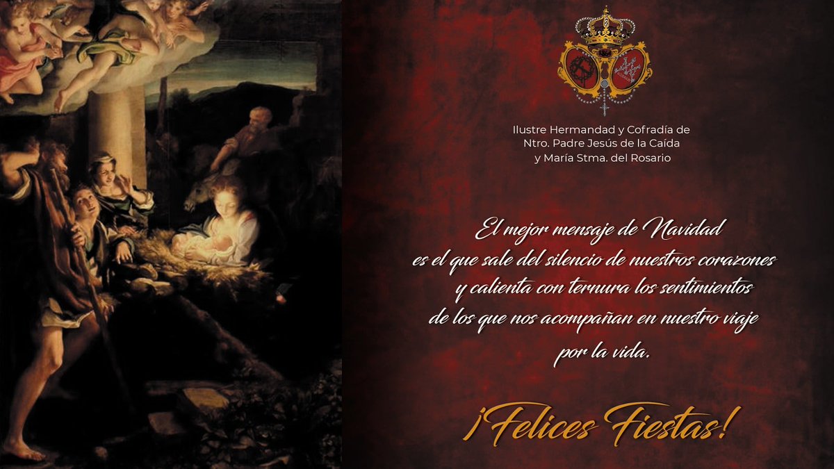 lacaidaelche's tweet photo. Desde nuestra Hermandad queremos desear a todos nuestros hermanos y fieles unas felices fiestas y que Ntro. Padre Jesús de la Caída y su bendita Madre del Rosario les proteja y ampare.

¡Felices Fiestas! https://t.co/bPfcsBuHuz