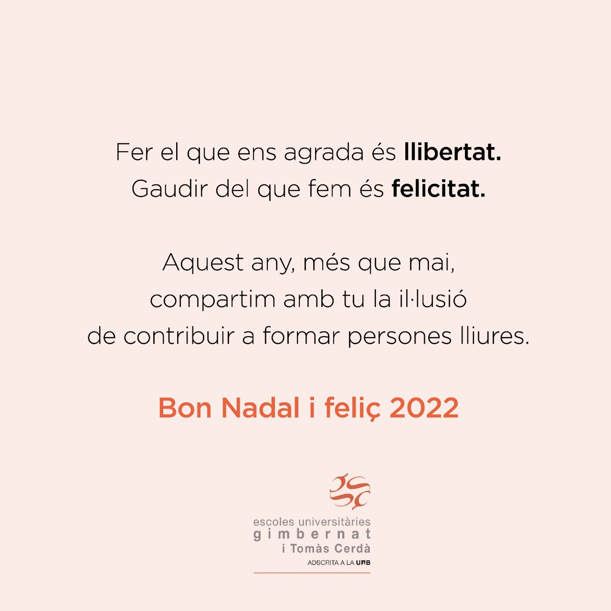 EUGenfermeria's tweet photo. ✨Fer el que ens agrada és llibertat.
Gaudir del que fem és felicitat.
 Aquest any, més que mai,
compartim amb tu la il·lusió
de contribuir a formar persones lliures.
🎄#BonNadal i feliç 2022. https://t.co/aA0SMLajwO