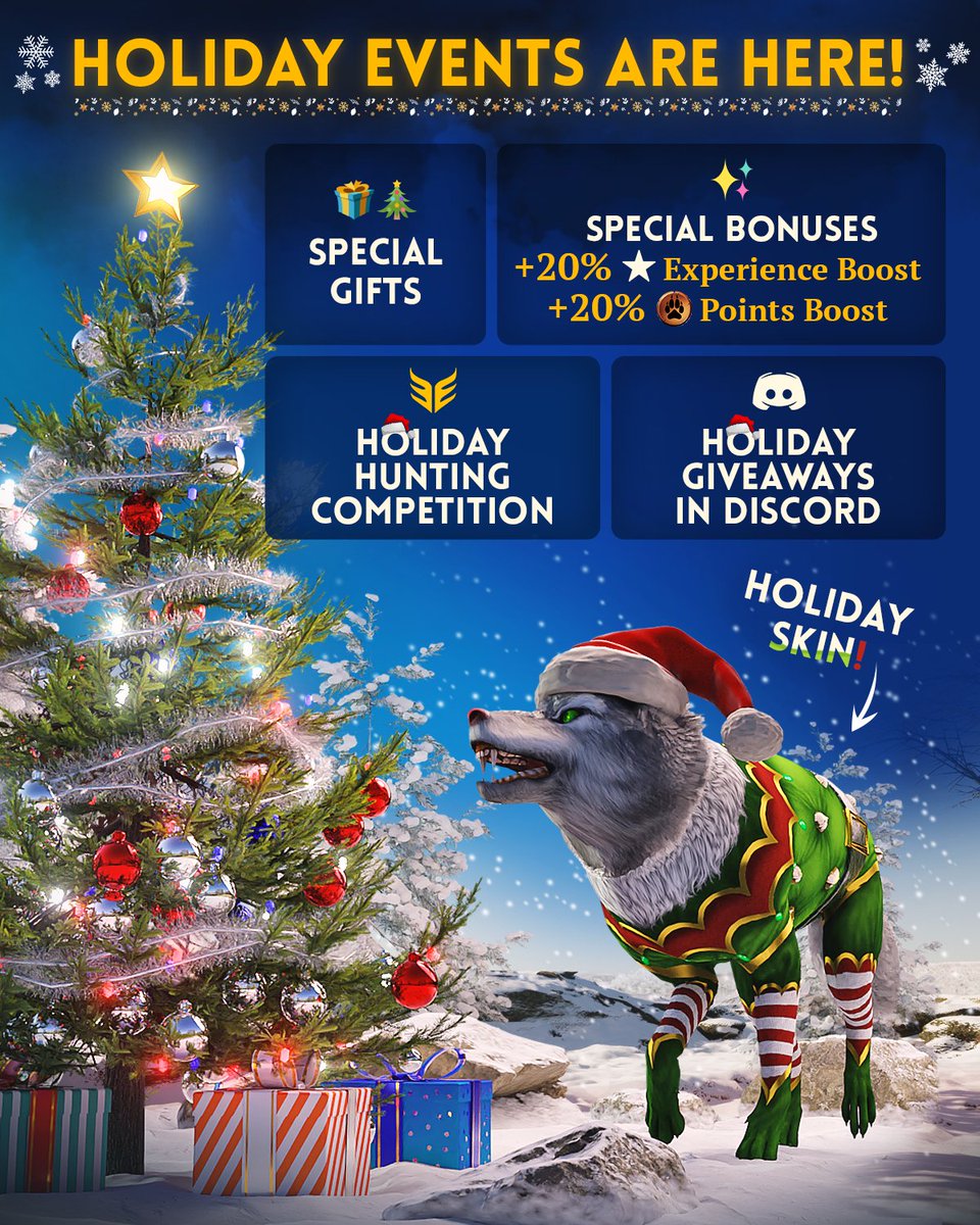 In case you missed it, our Christmas events are now live! Giveaways in discord, special hunting competition today at 18:00 UTC, special gifts to find in game and more! Are you ready to take part enjoy the Holiday spirit in The Wolf? Happy Holidays!