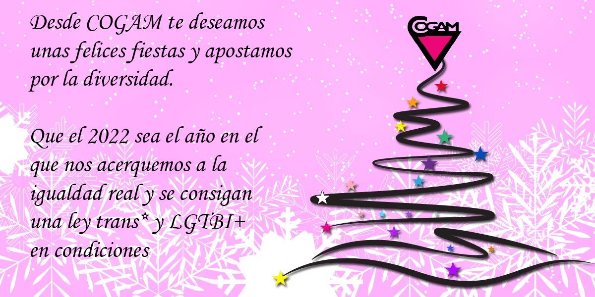 COGAM's tweet image. Las personas q formamos @COGAM socias, trabajadoras y voluntarias os deseamos unas felices fiestas. 💜☃️🌈
@CulturaCogam @TransCogamJoven @Jovenes_COGAM @Salud_COGAM @Educacion_COGAM @Trans_COGAM @Lesbianas_COGAM @Sende_COGAM @Salud_COGAM @Mayores_COGAM @InfoCOGAM  @Bi_COGAM