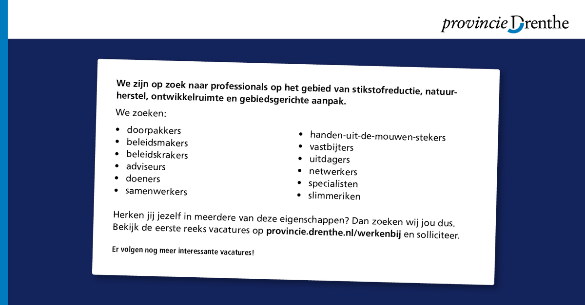 De Drentse Aanpak Stikstof raakt bedrijven, natuur, landbouw, woningbouw, verkeer, vervoer, kortom: het raakt ons allemaal. Daarvoor zoeken we collega’s! Kijk snel op ➡️ bit.ly/3Epx4bY