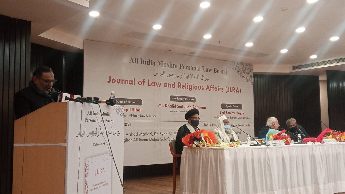 WelfarePartyIN's tweet photo. All India Muslim Personal Law Board launched its law magazine, "Journal of Law and Religious Affairs (JLRA)"
on 23rd December at IIC, New Delhi. Eminent lawyers and former Minister of Law and Justice Mr. Kapil Sibal released  the magazine.Programme was moderated by @Dr_SQRIlyas https://t.co/4vGxsvV6Sn