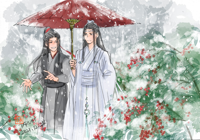 2boys multiple boys hanfu umbrella chinese clothes holding umbrella long hair  illustration images