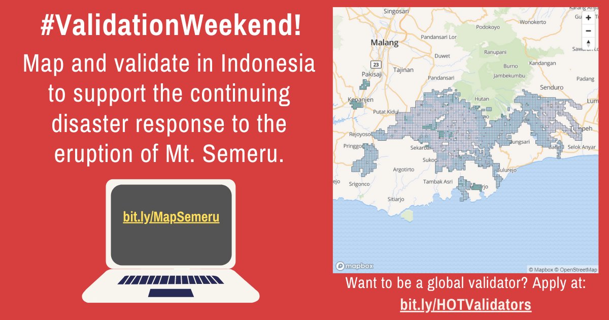 hotosm's tweet photo. Mapping over the holidays? Join in the #ValidationWeekend effort to support the disaster response to the eruption of Mt. Semeru in Indonesia. https://t.co/JH3epQmKM6
This project requires both mapping and validating and is open to beginners, so everyone can contribute! https://t.co/WxUGXmtixW