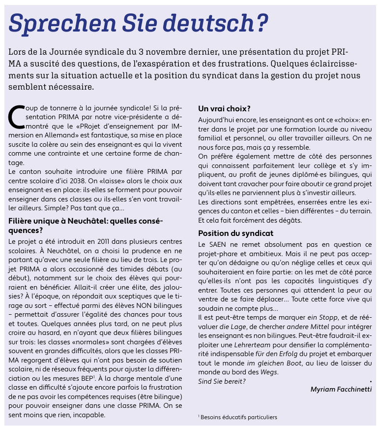 SAEN_Officiel's tweet photo. Sprechen Sie deutsch ? 
La réussite du beau projet PRIMA passe par un respect accru des enseignant·es qui font vivre quotidiennement l'école neuchâteloise...
https://t.co/5OqCHFvSIU https://t.co/vara9tiOPz