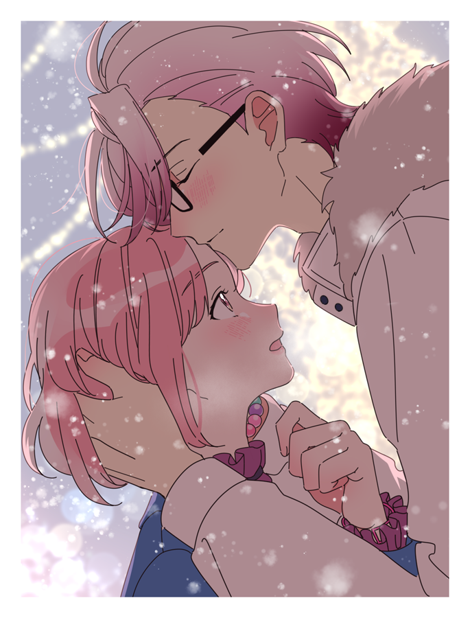 1girl 1boy pink hair blush hetero glasses kissing forehead  illustration images