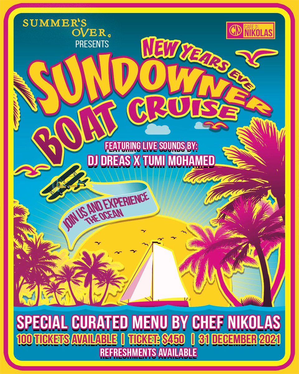 CafeNikolas_'s tweet photo. EXPERIENCE THE OCEAN🥂

Enjoy a New Years Eve, 4 hour boat cruise on the coast of Walvis Bay and Swakopmund. 🛥🌊

Ticket includes a specially curated tapas menu by Chef Nikolas served on board! 🦪🥂

Sounds by: @DoogeyMeech @djdreas_na https://t.co/u8zAKfMcOD