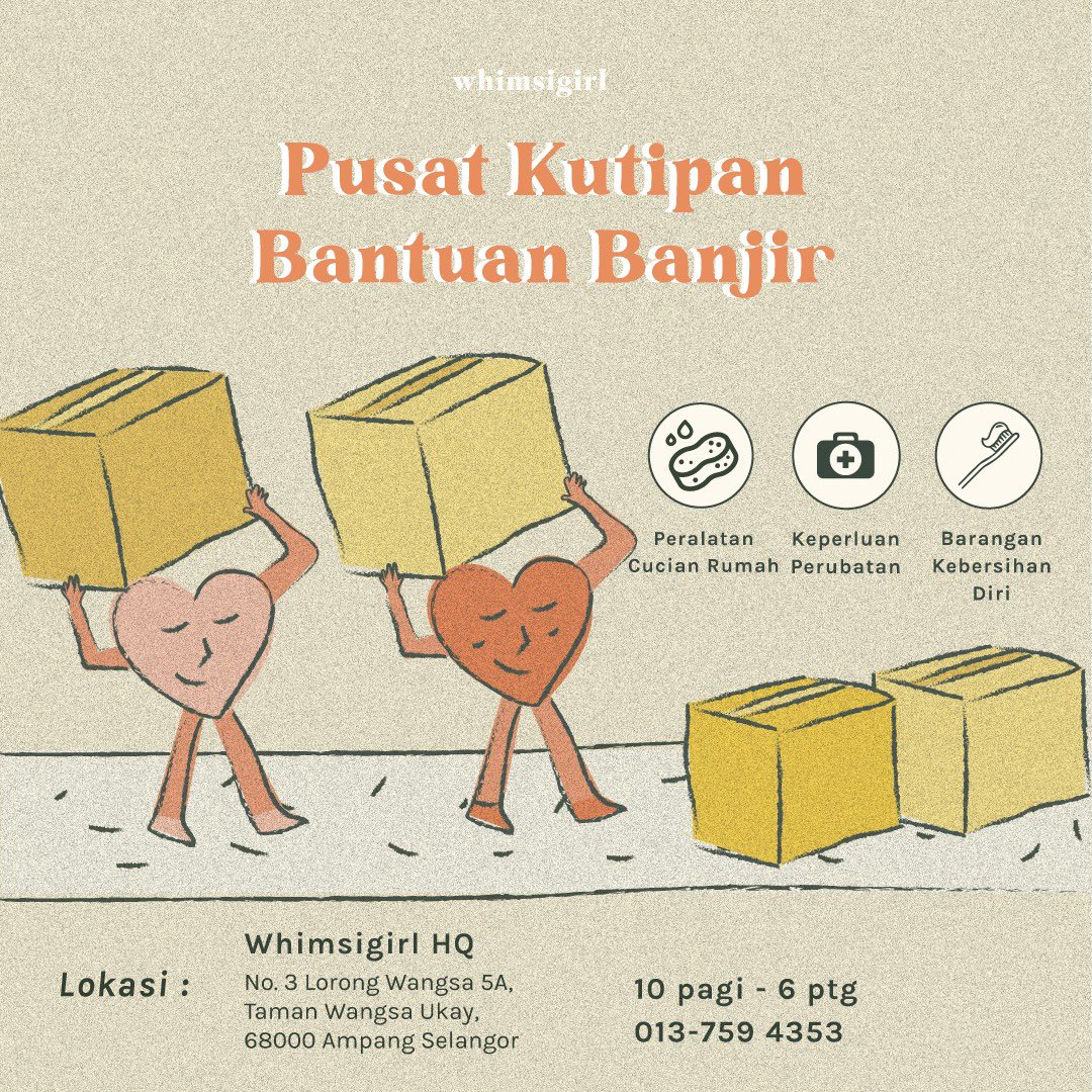 whimsigirldsgn's tweet photo. Rakyat KL/Ampang dijemput datang ke HQ kami untuk drop barang derma yang diperlukan untuk mangsa banjir. Setiap sumbangan anda amat dihargai ❤️‍🩹💪🏼 #BantuanBanjir #DaruratBanjir #KitaJagaKita https://t.co/jtLp8RGIwE