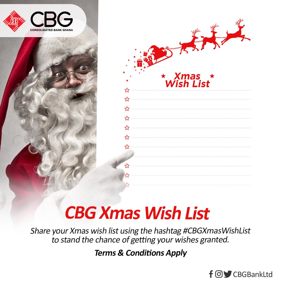 CBGBankLtd's tweet photo. #CBGSanta is still in the business of granting wishes. Just share your Xmas wish list using the hashtag #CBGXmasWishList to stand the chance of having any of your wish or wishes granted.

CBG, #WeStandWithYou.

T's &amp; C's Apply. https://t.co/WznLfhbt3E