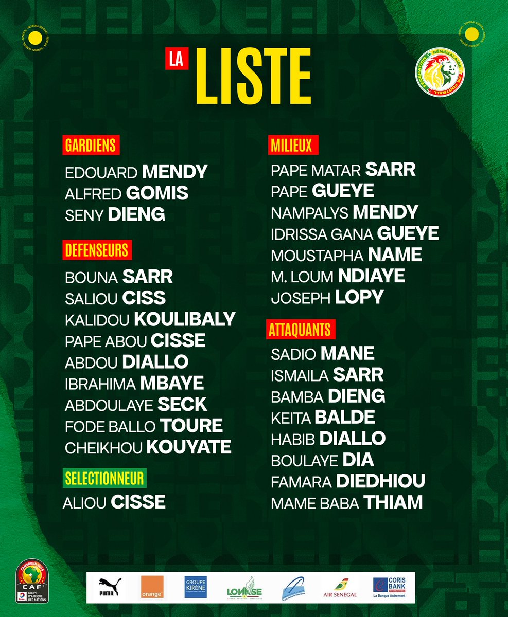 OFFICIEL ✅ | La liste des 27 joueurs sélectionnés par Aliou Cissé pour disputer la Coupe d’Afrique des Nations #TotalEnergiesAFCON, Cameroun 2021. 

Les lions seront en regroupement à partir du 27 décembre 2021. #MankoWutiNdamli