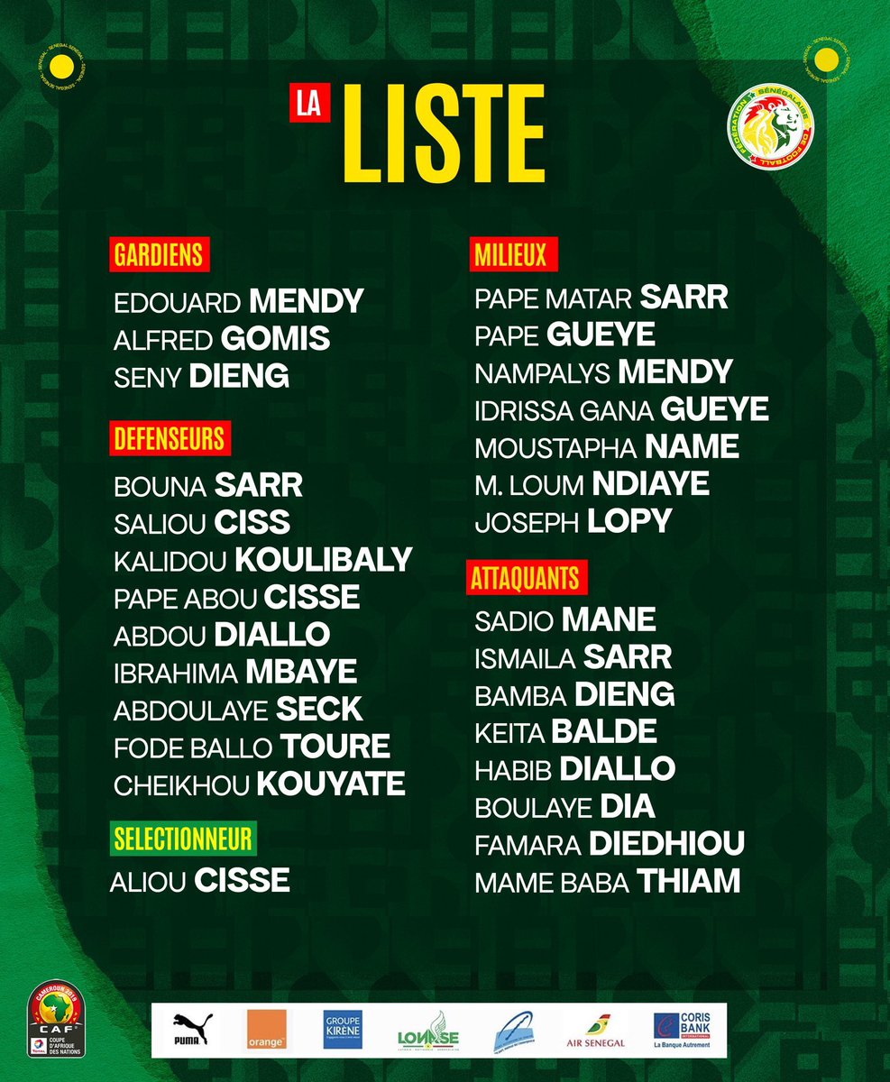 🔴 OFFICIEL ! 

La liste du Sénégal pour la CAN 2022 ! 🇸🇳
