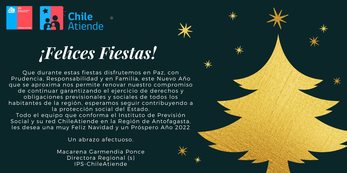 🎄Desde la Dirección Regional <a href="/IPSChile/">IPSChile</a> y nuestra red de Sucursales <a href="/ChileAtiende/">ChileAtiende Oficial</a> en la Región de #Antofagasta, les deseamos a cada uno de ustedes una #FelizNavidad